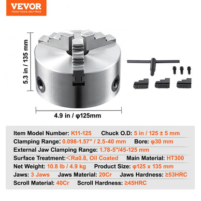 K11-125 - 5" Durable HT300 3-Jaw Self-Centering Lathe Chuck