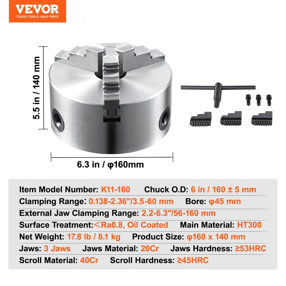 K11-160 - 6" Durable HT300 3-Jaw Lathe Chuck with Self-Centering Function