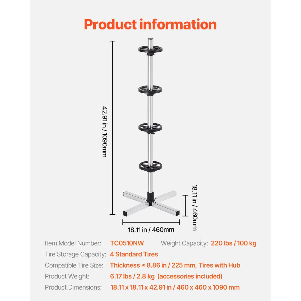 TC0510NW - Space-Saving Tire Stand for 4 Tires, Holds Up to 225mm Wide