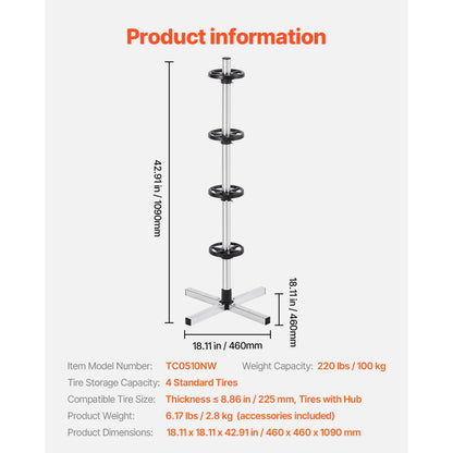 TC0510NW - Space-Saving Tire Stand for 4 Tires, Holds Up to 225mm Wide