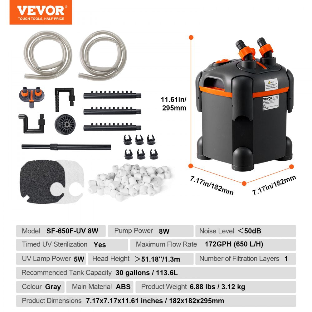 SF-650F 8W - 30-Gallon 172GPH VEVOR Aquarium Filter for Clean Water