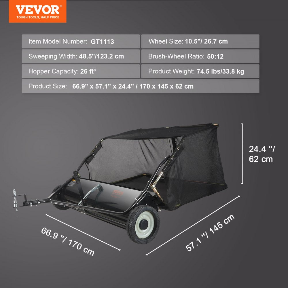 GT1113 - 48.5" Tow-Behind Lawn Sweeper with Adjustable Height & Large Hopper