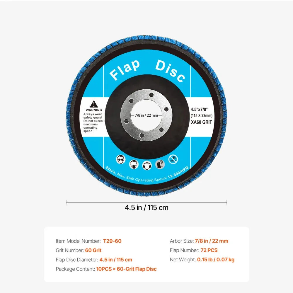 T29-60 - 4.5" Zirconia Flap Discs, 60 Grit, 10 Pack for Angle Grinder