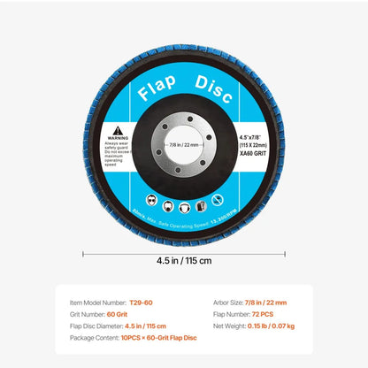 T29-60 - 4.5" Zirconia Flap Discs, 60 Grit, 10 Pack for Angle Grinder