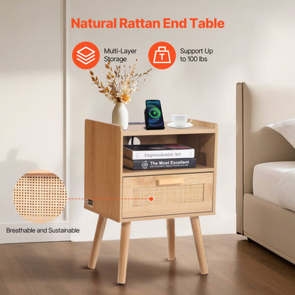 SR245162-US--1PC - Boho Rattan Nightstand with Charging Station & Storage Drawer