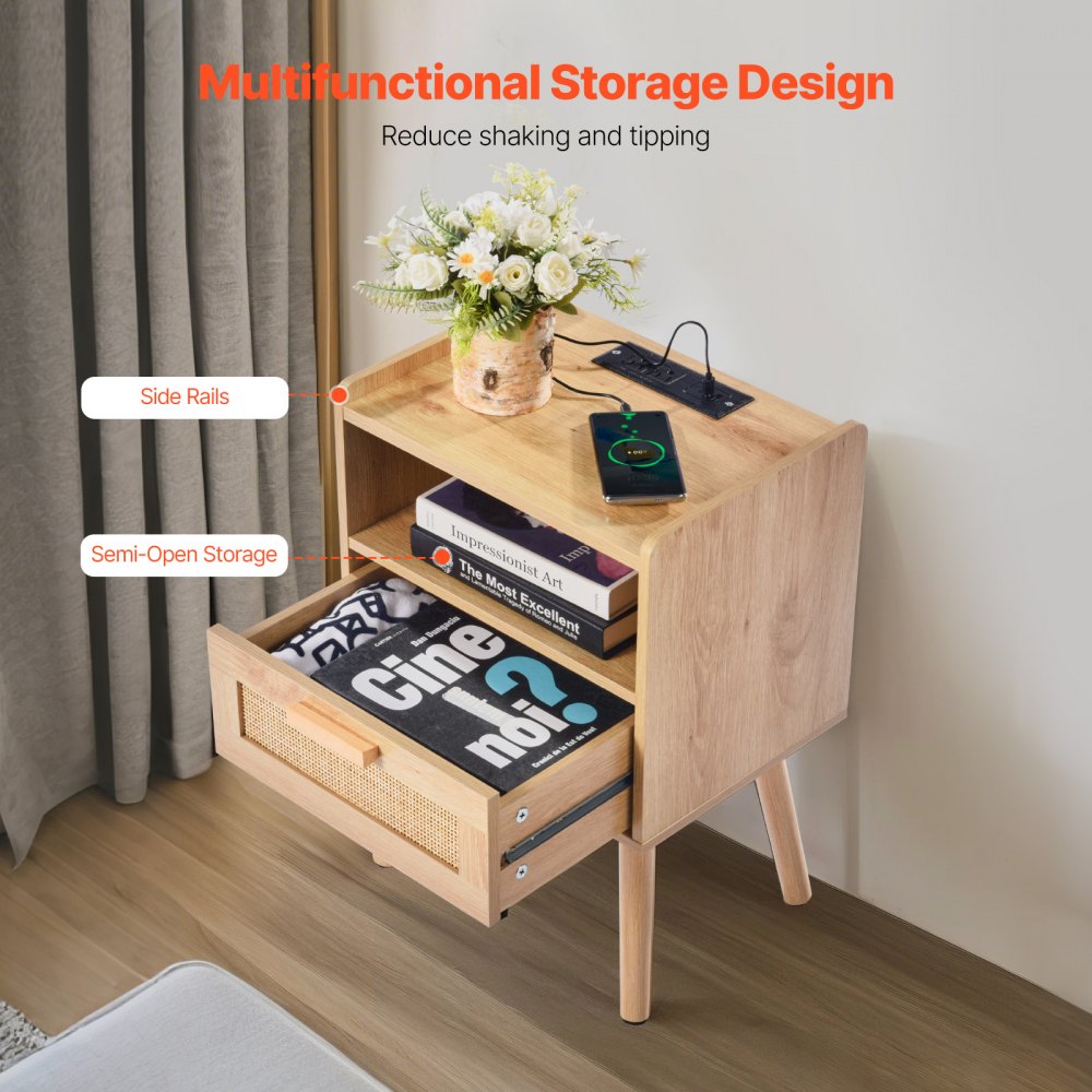 SR245162-US--1PC - Boho Rattan Nightstand with Charging Station & Storage Drawer