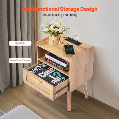SR245162-US--1PC - Boho Rattan Nightstand with Charging Station & Storage Drawer