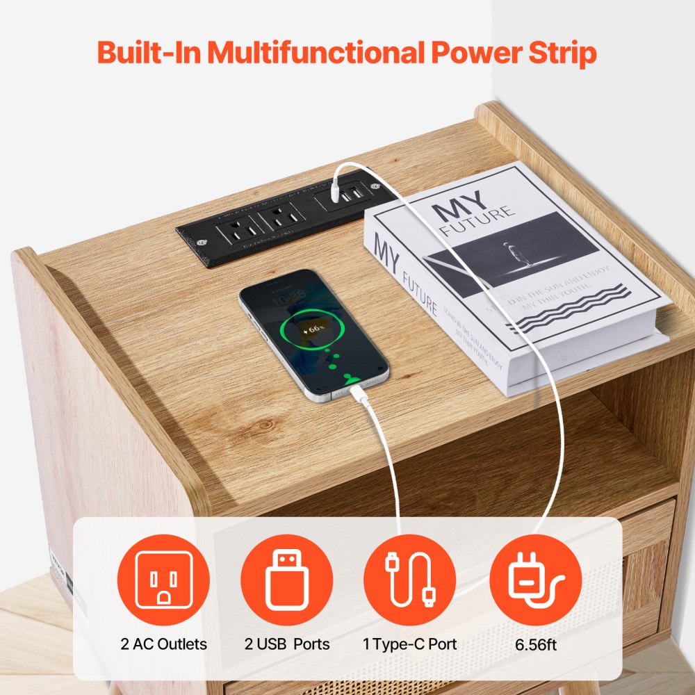 SR245162-US--1PC - Boho Rattan Nightstand with Charging Station & Storage Drawer