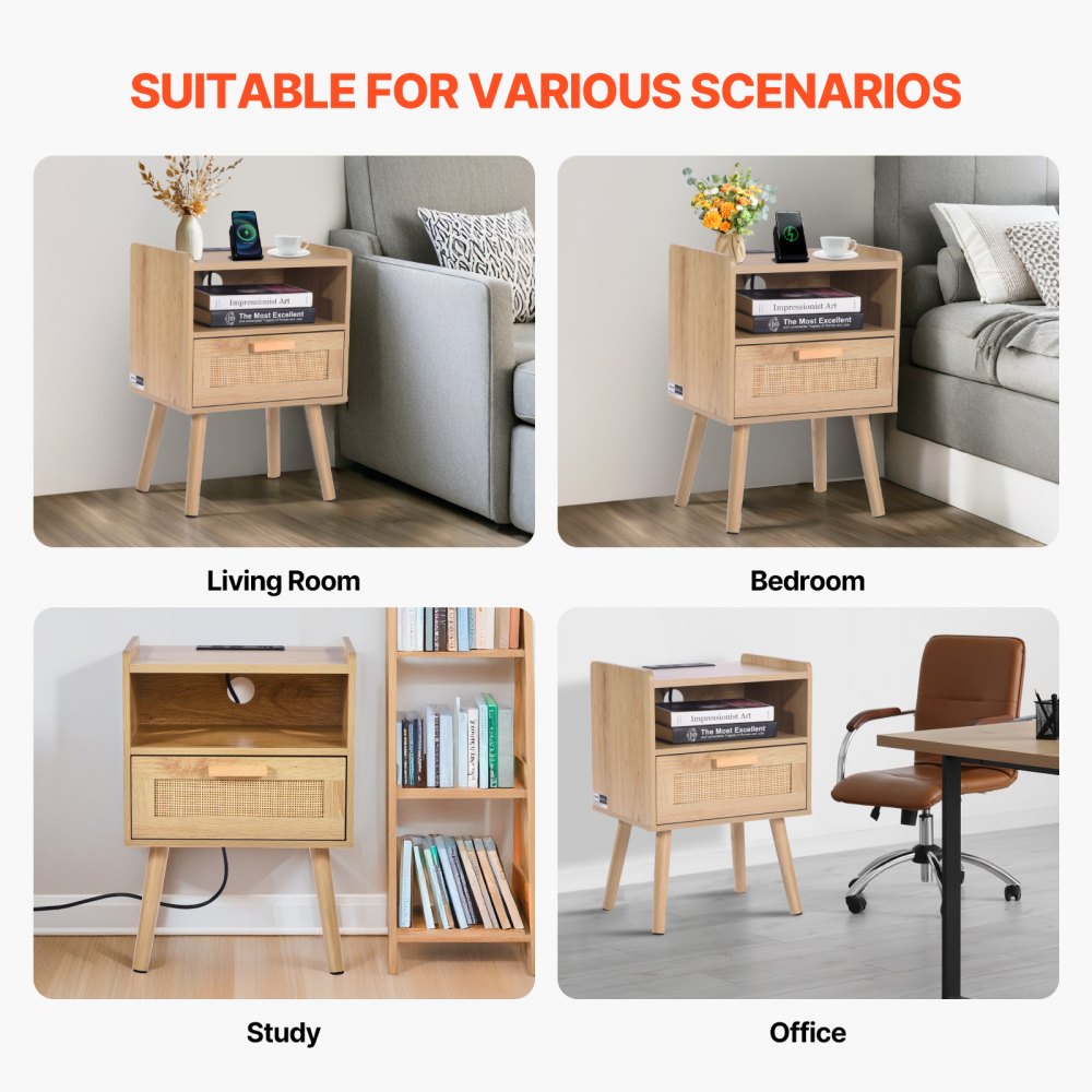 SR245162-US--1PC - Boho Rattan Nightstand with Charging Station & Storage Drawer