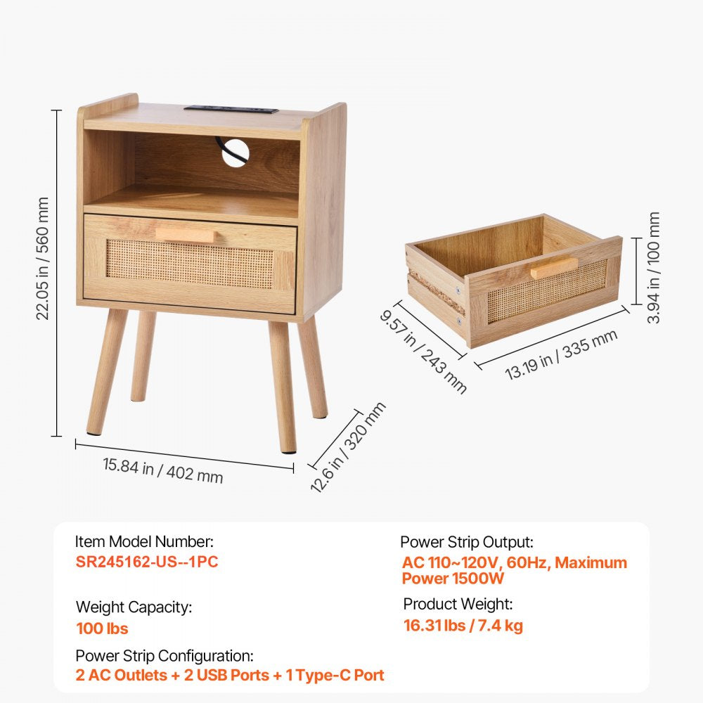 SR245162-US--1PC - Boho Rattan Nightstand with Charging Station & Storage Drawer
