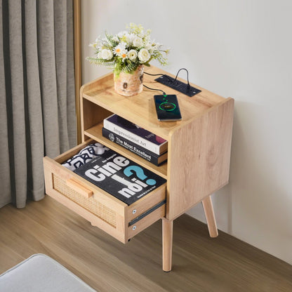 SR245162-US--1PC - Boho Rattan Nightstand with Charging Station & Storage Drawer