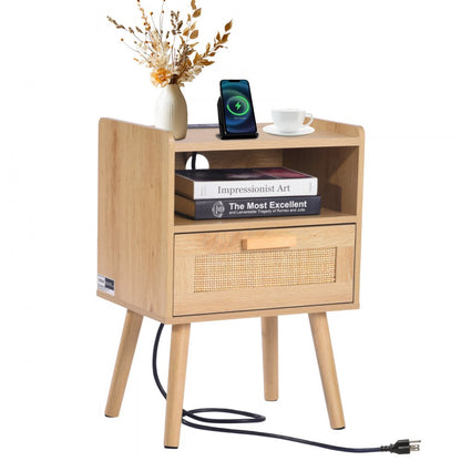 SR245162-US--1PC - Boho Rattan Nightstand with Charging Station & Storage Drawer
