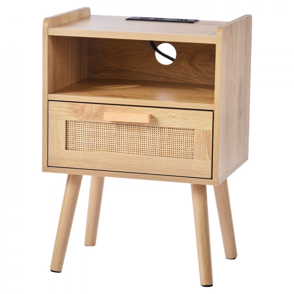 SR245162-US--1PC - Boho Rattan Nightstand with Charging Station & Storage Drawer