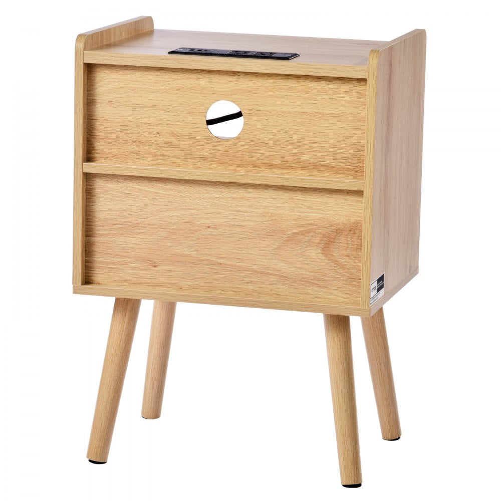 SR245162-US--1PC - Boho Rattan Nightstand with Charging Station & Storage Drawer