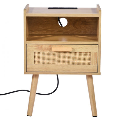 SR245162-US--1PC - Boho Rattan Nightstand with Charging Station & Storage Drawer