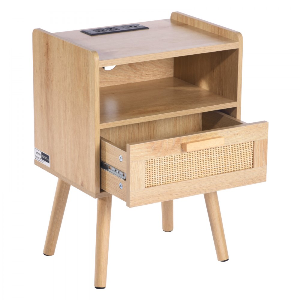 SR245162-US--1PC - Boho Rattan Nightstand with Charging Station & Storage Drawer
