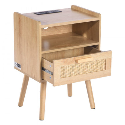 SR245162-US--1PC - Boho Rattan Nightstand with Charging Station & Storage Drawer