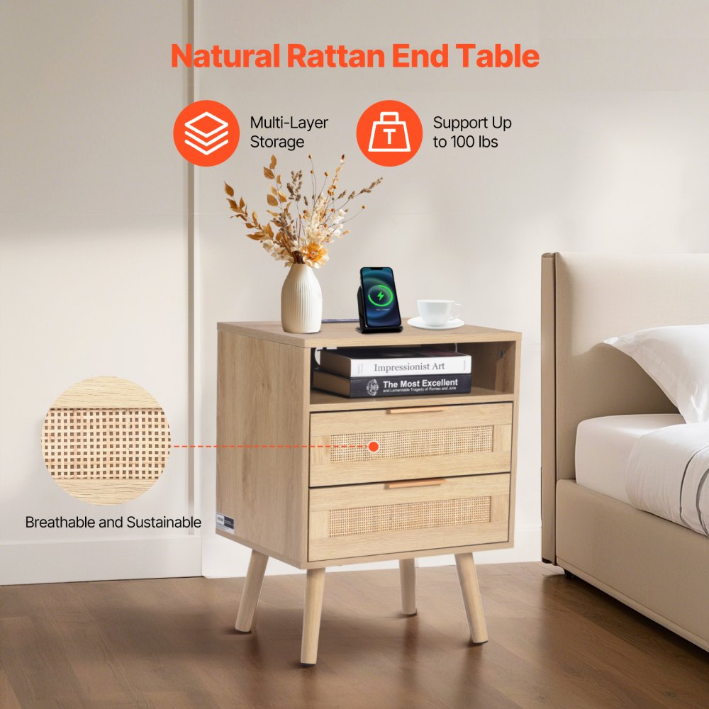 SR248011-US--1PC - Versatile Rattan Nightstand with Built-in Power Strip