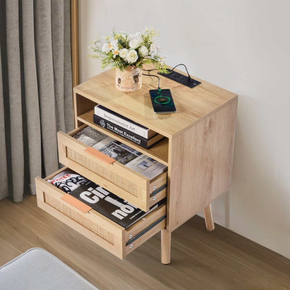 SR248011-US--1PC - Versatile Rattan Nightstand with Built-in Power Strip