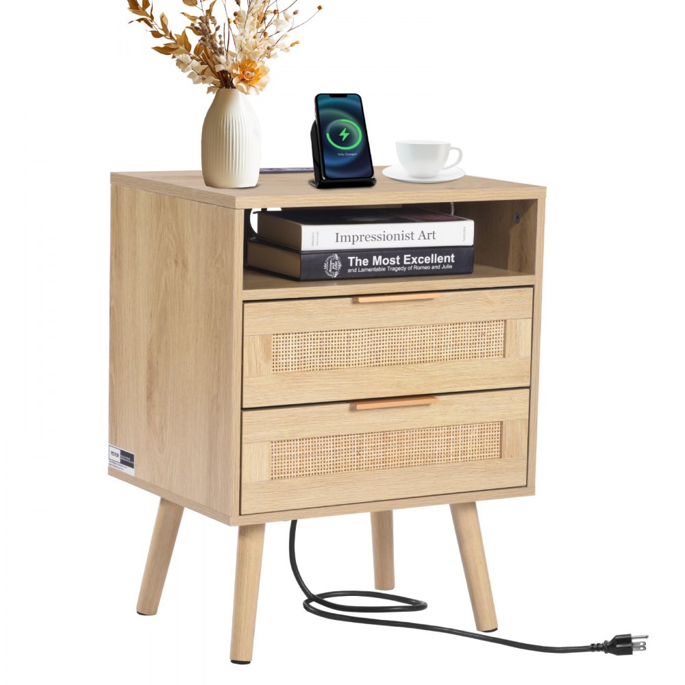 SR248011-US--1PC - Versatile Rattan Nightstand with Built-in Power Strip