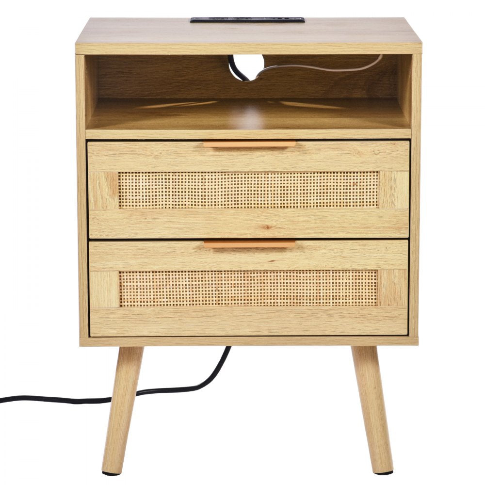 SR248011-US--1PC - Versatile Rattan Nightstand with Built-in Power Strip