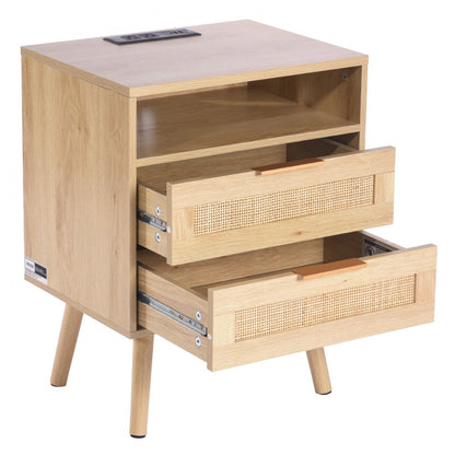 SR248011-US--1PC - Versatile Rattan Nightstand with Built-in Power Strip