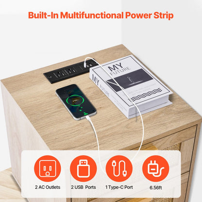 SR191628-US--1PC - Boho Rattan Nightstand with Charging Ports and 2 Drawers