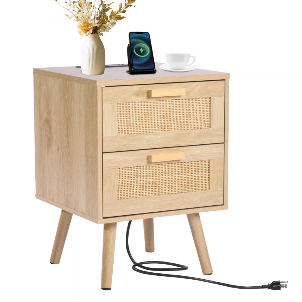 SR191628-US--1PC - Boho Rattan Nightstand with Charging Ports and 2 Drawers