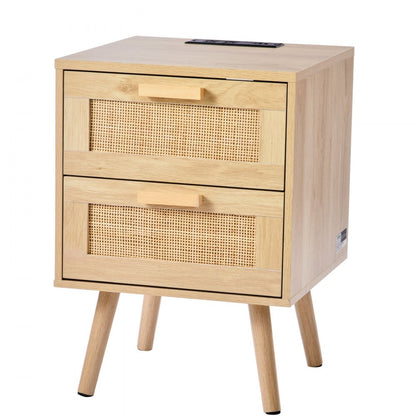 SR191628-US--1PC - Boho Rattan Nightstand with Charging Ports and 2 Drawers