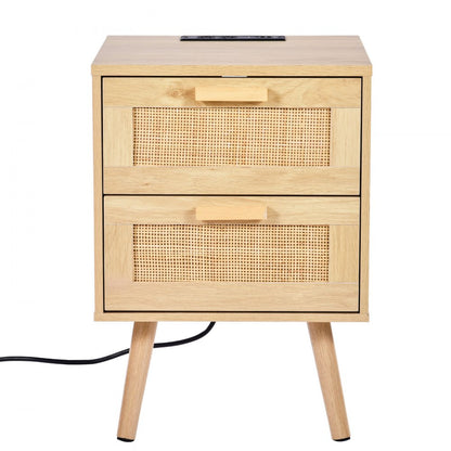 SR191628-US--1PC - Boho Rattan Nightstand with Charging Ports and 2 Drawers