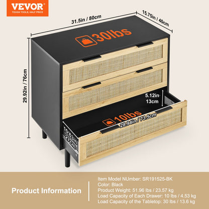 SR191525-BK - Versatile Rattan Dresser, 31.5" x 29.9" Black Storage Unit