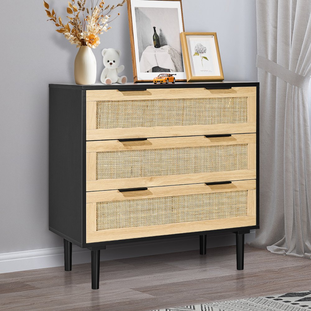 SR191525-BK - Versatile Rattan Dresser, 31.5" x 29.9" Black Storage Unit