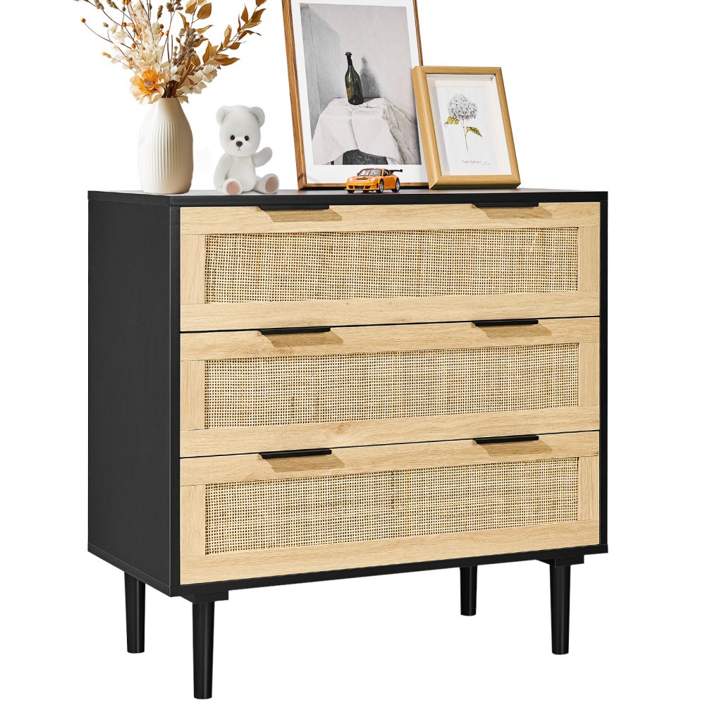 SR191525-BK - Versatile Rattan Dresser, 31.5" x 29.9" Black Storage Unit