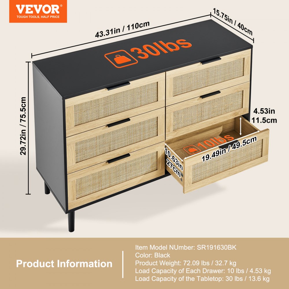 SR191630BK - Versatile Rattan Dresser with 6 Drawers and Wooden Frame