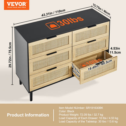 SR191630BK - Versatile Rattan Dresser with 6 Drawers and Wooden Frame