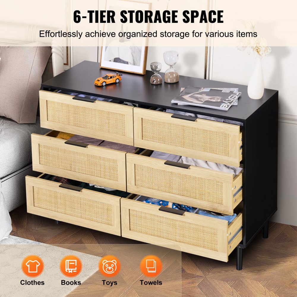SR191630BK - Versatile Rattan Dresser with 6 Drawers and Wooden Frame