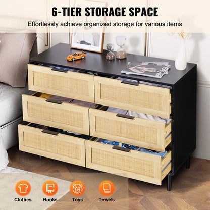 SR191630BK - Versatile Rattan Dresser with 6 Drawers and Wooden Frame