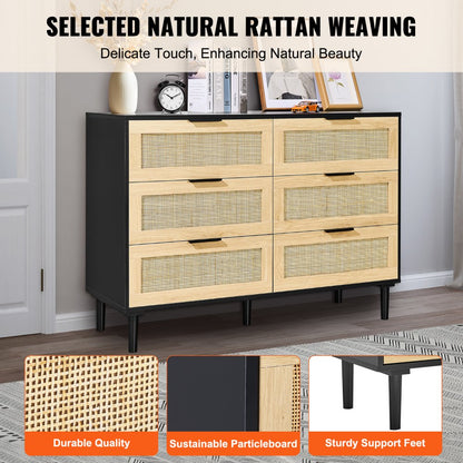 SR191630BK - Versatile Rattan Dresser with 6 Drawers and Wooden Frame