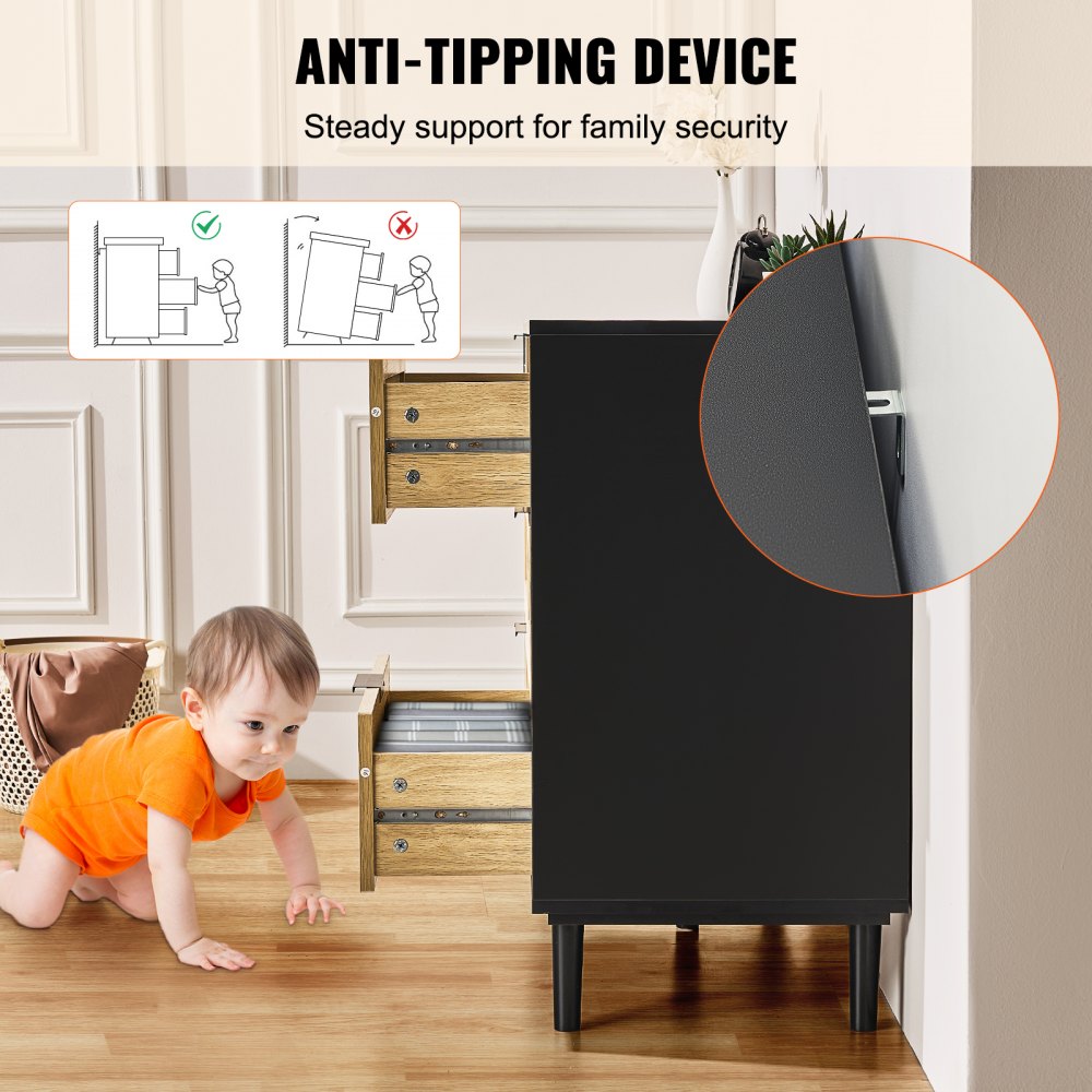 SR191630BK - Versatile Rattan Dresser with 6 Drawers and Wooden Frame