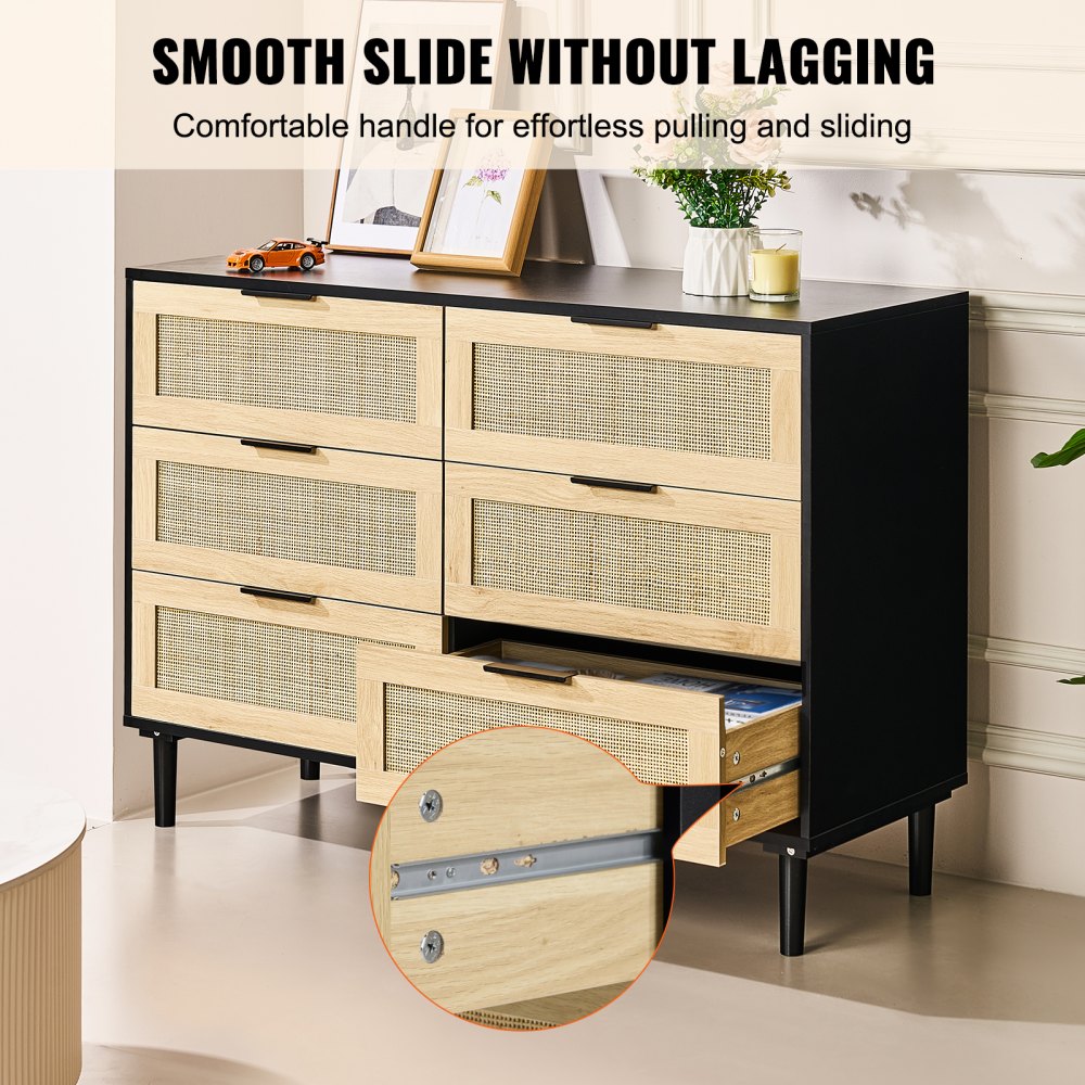 SR191630BK - Versatile Rattan Dresser with 6 Drawers and Wooden Frame