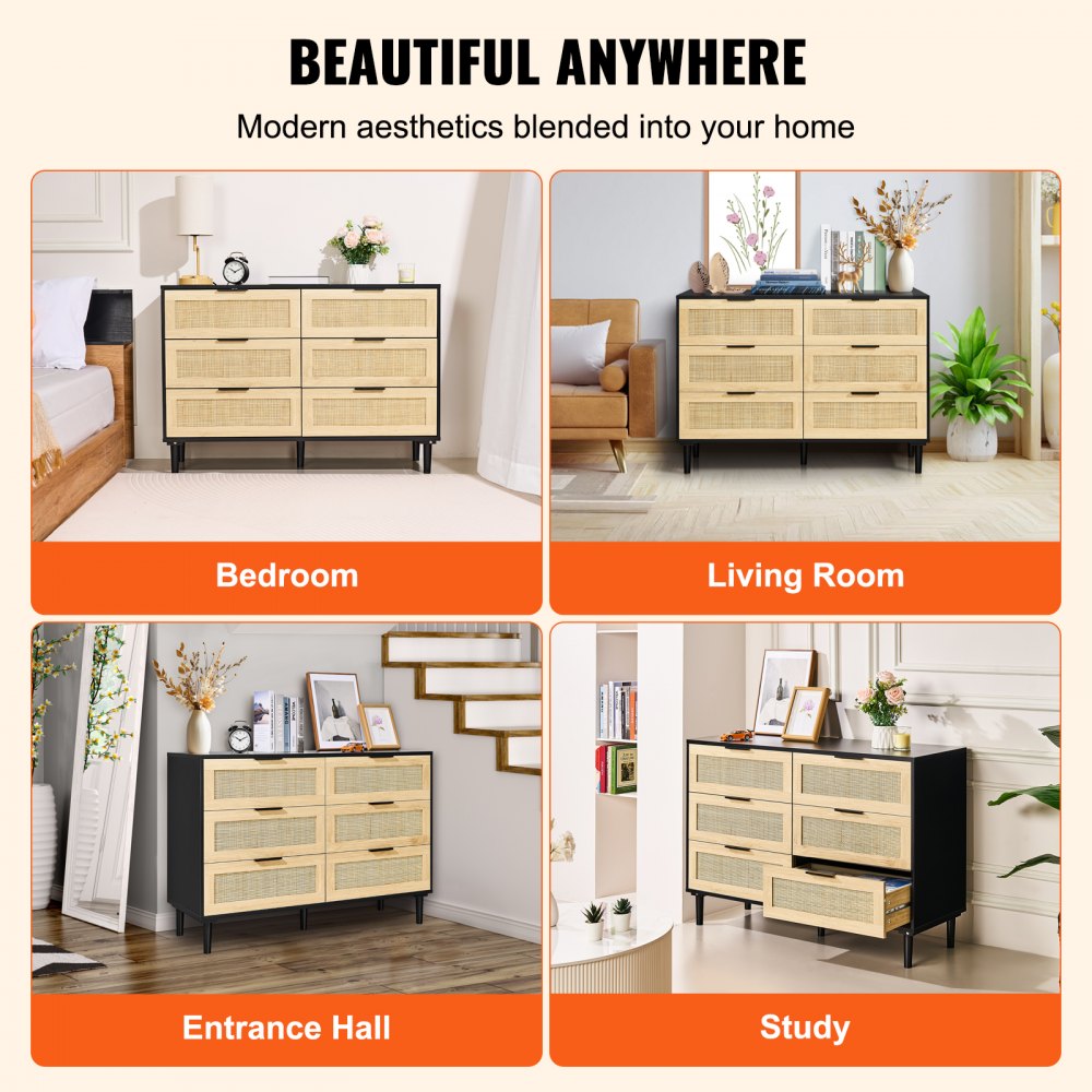 SR191630BK - Versatile Rattan Dresser with 6 Drawers and Wooden Frame