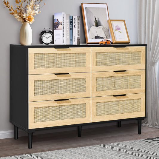 SR191630BK - Versatile Rattan Dresser with 6 Drawers and Wooden Frame