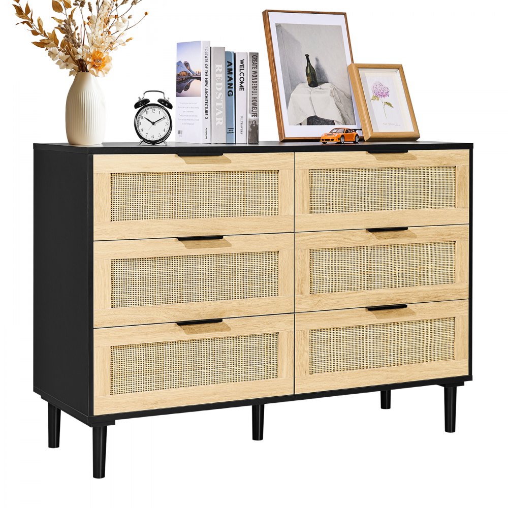 SR191630BK - Versatile Rattan Dresser with 6 Drawers and Wooden Frame
