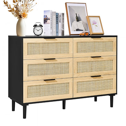 SR191630BK - Versatile Rattan Dresser with 6 Drawers and Wooden Frame