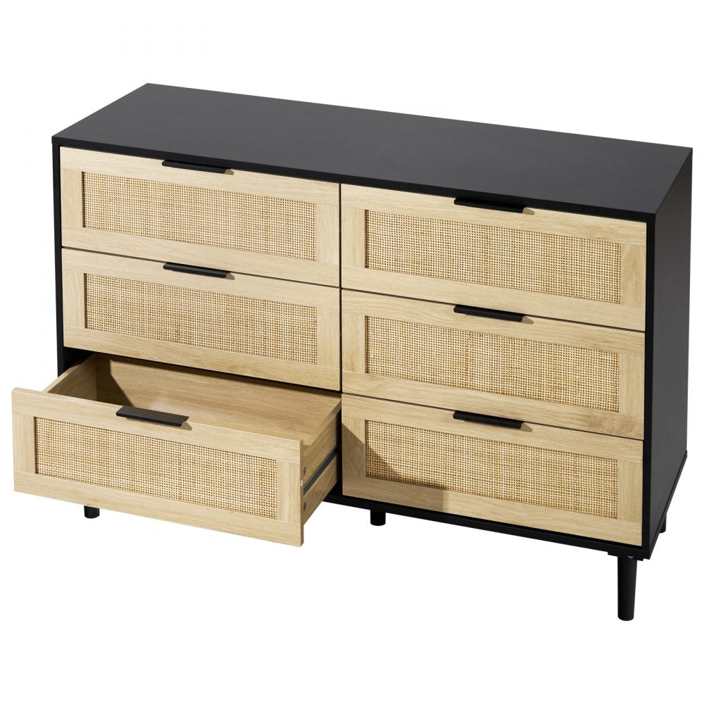 SR191630BK - Versatile Rattan Dresser with 6 Drawers and Wooden Frame