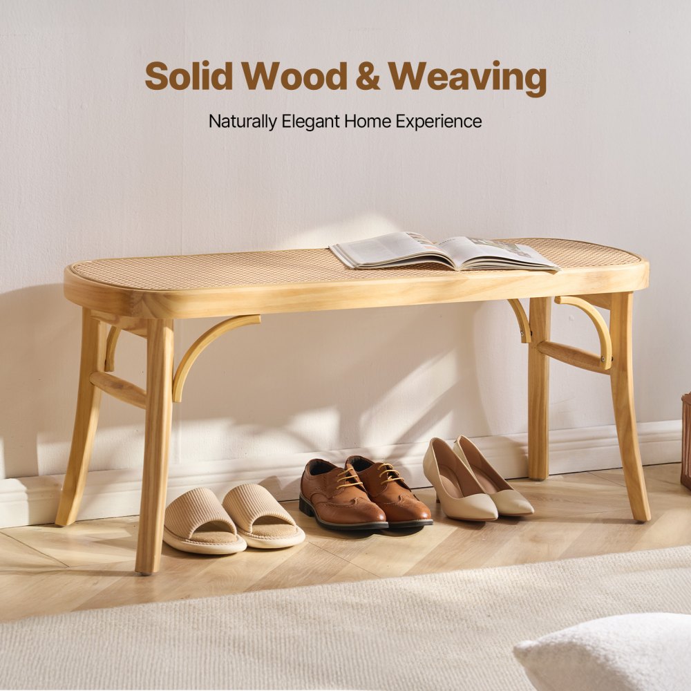 HYXD-05 - 43.3" Woven Rattan Bench with Solid Oak Legs