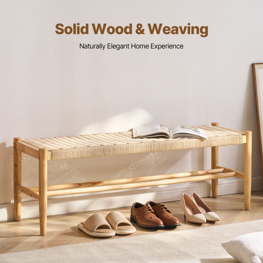 HYBZXD-03 - Stylish 47.6" Woven Rattan Bench with Solid Oak Legs
