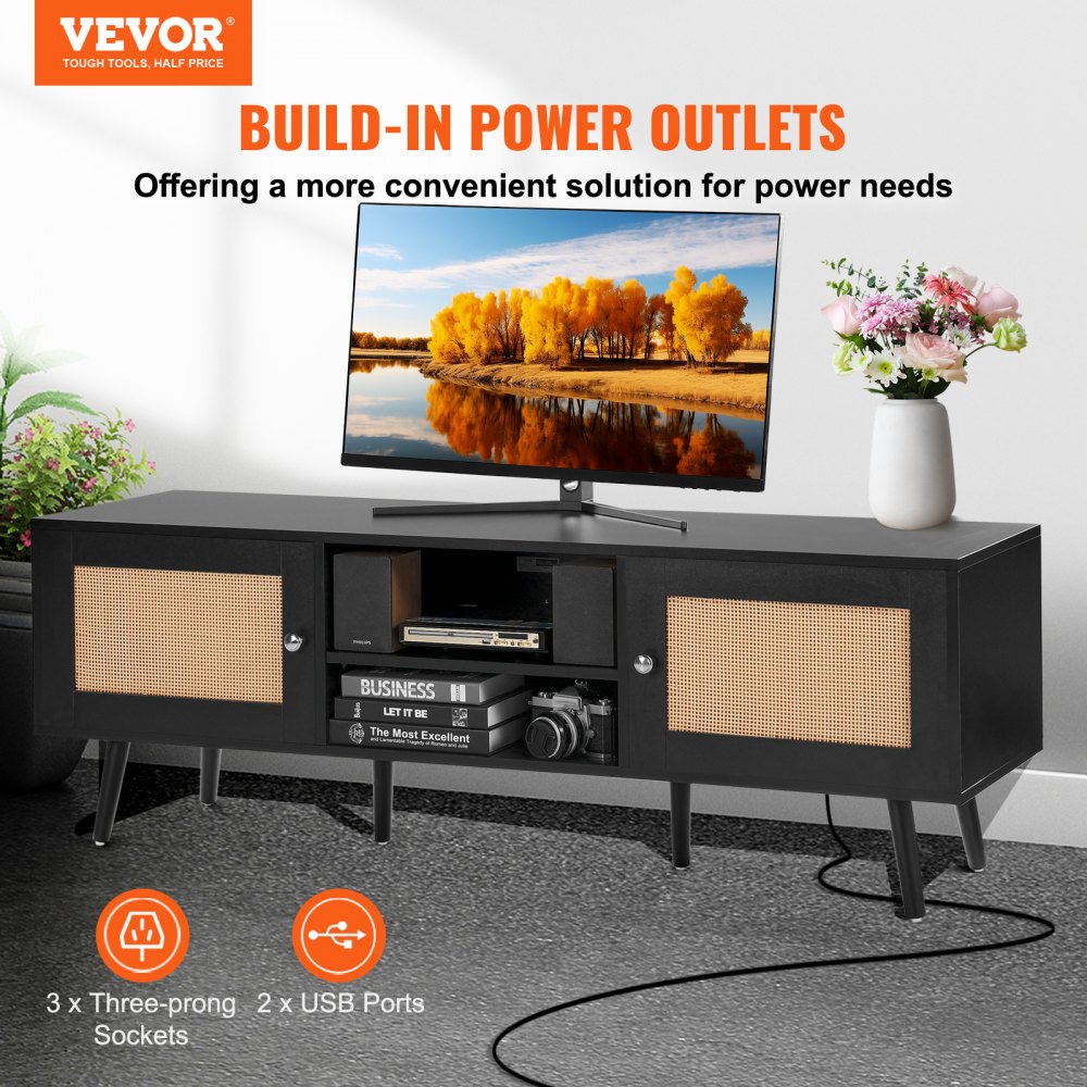10FJTRTVO1BW - Stylish Rattan TV Stand for 65" TVs with USB Ports