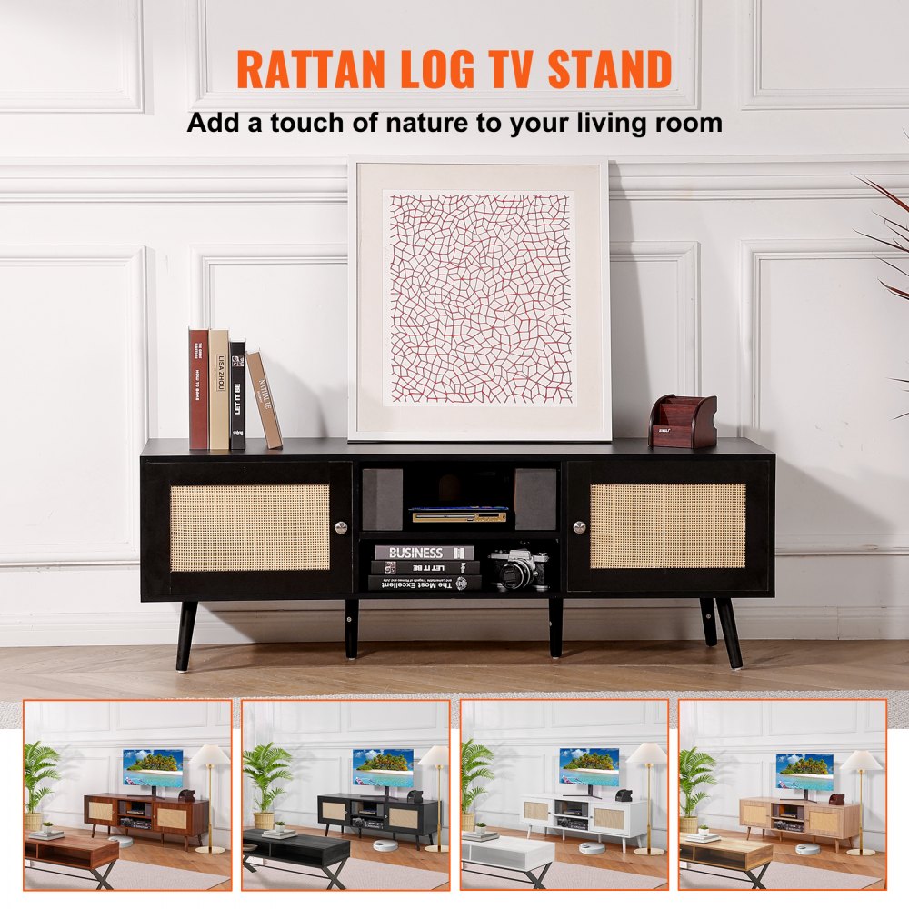 10FJTRTVO1BW - Stylish Rattan TV Stand for 65" TVs with USB Ports
