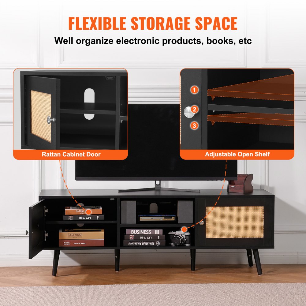 10FJTRTVO1BW - Stylish Rattan TV Stand for 65" TVs with USB Ports